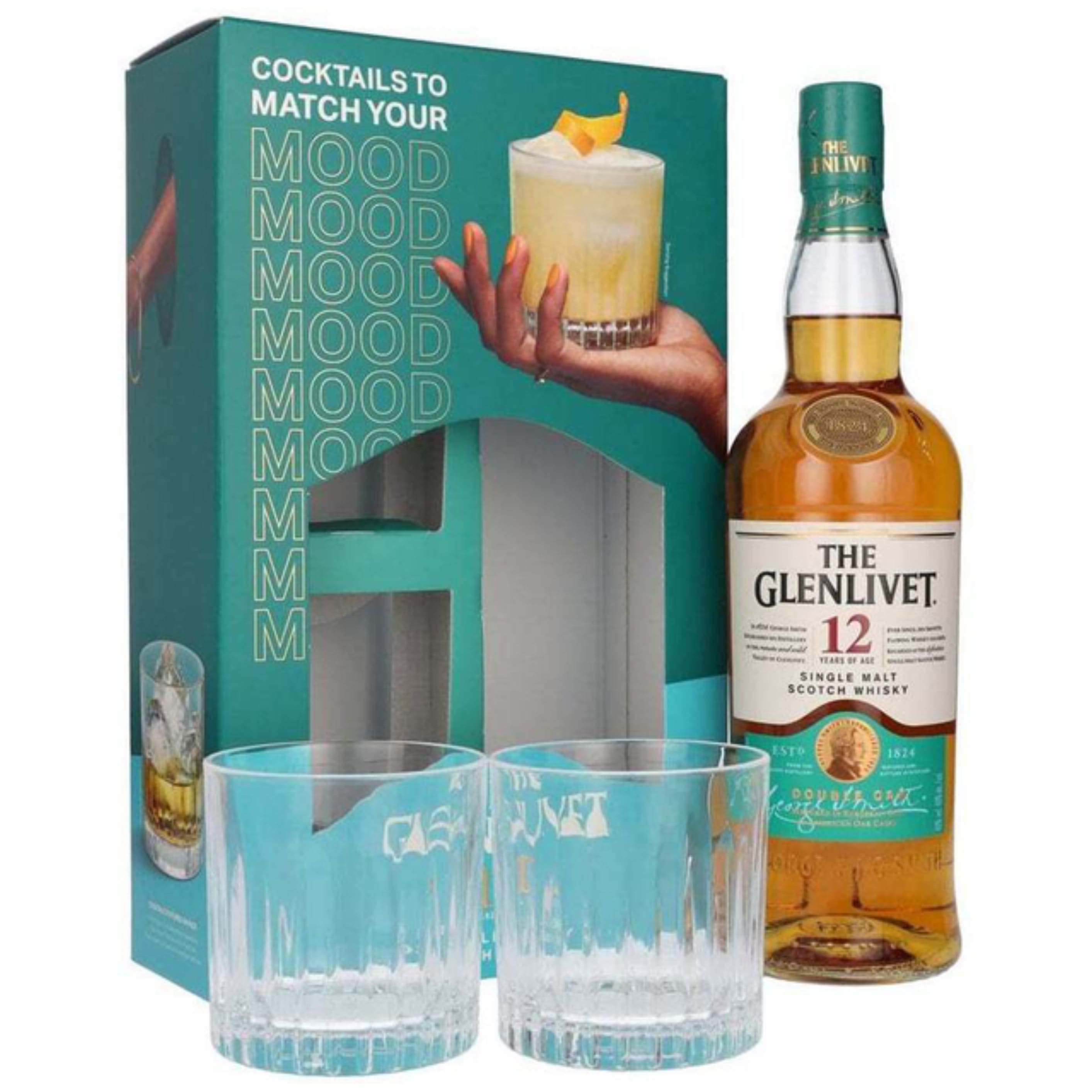 Віскі The Glenlivet 12 y.o. 40% 0.7 л + 2 склянки