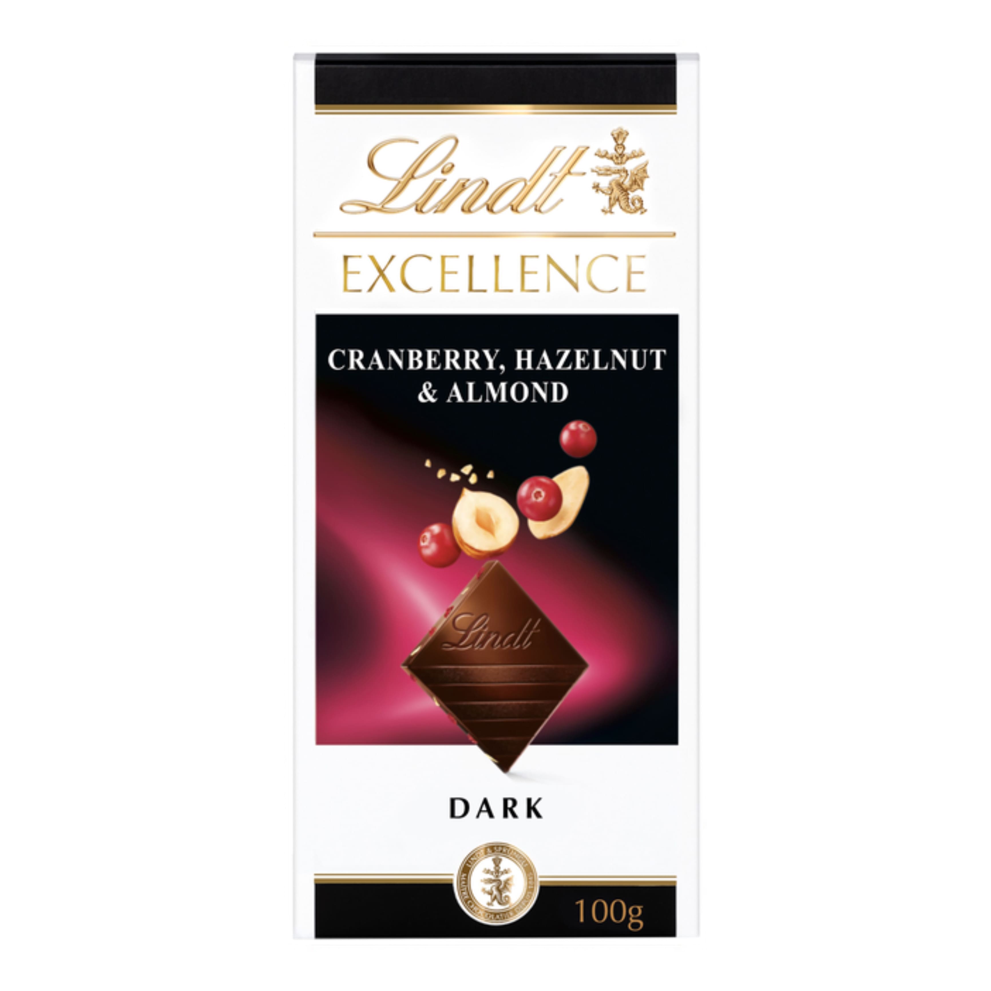 Шоколад LINDT Excellence чорний з мигдалем, фундуком та журавлиною 100г