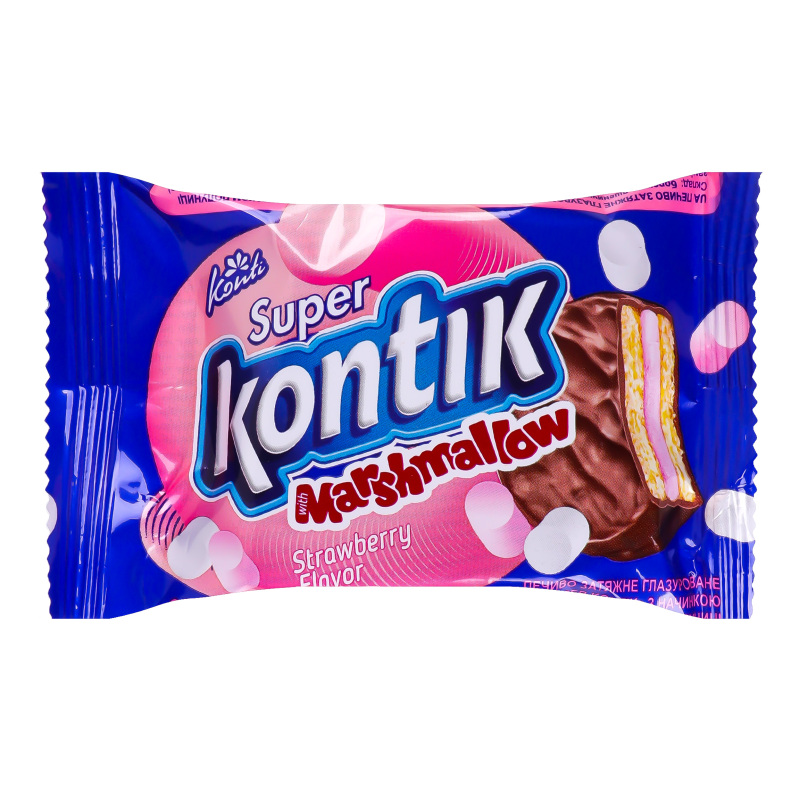 Печиво затяжне глазуроване Super Kontik Конті з начинкою маршмелоу зі смаком полуниці 30г