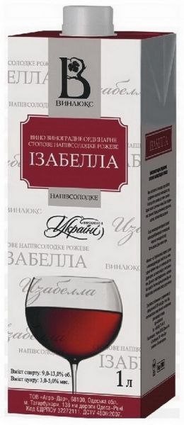 Вино Винлюкс Ізабелла н/солодке рожеве 11% 1 л тетра-пак