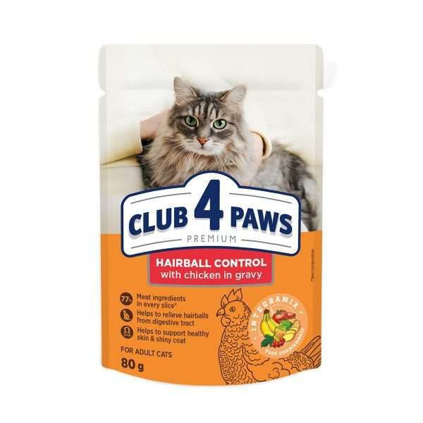 Корм для дорослих котів CLUB 4 PAWS Преміум З ефектом виведення шерсті консерва 80г